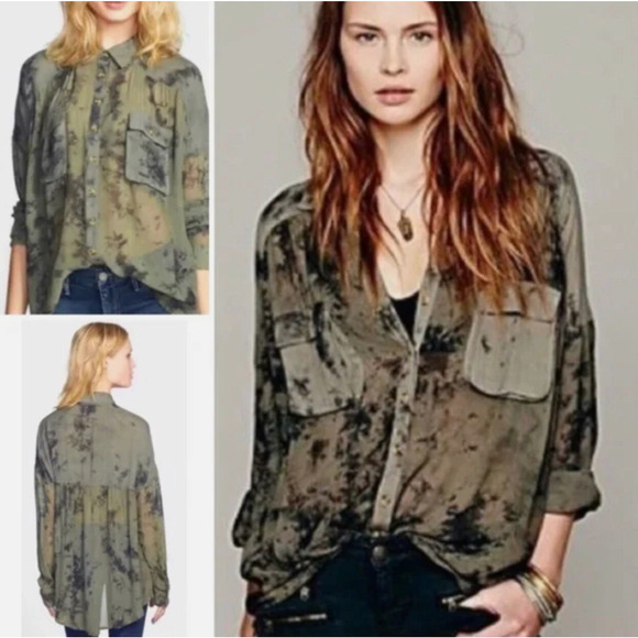 Free People Size XS Blouse - Green Cloud Wash Tie Dye Oversized Festival Trendy - Picture 3 of 12